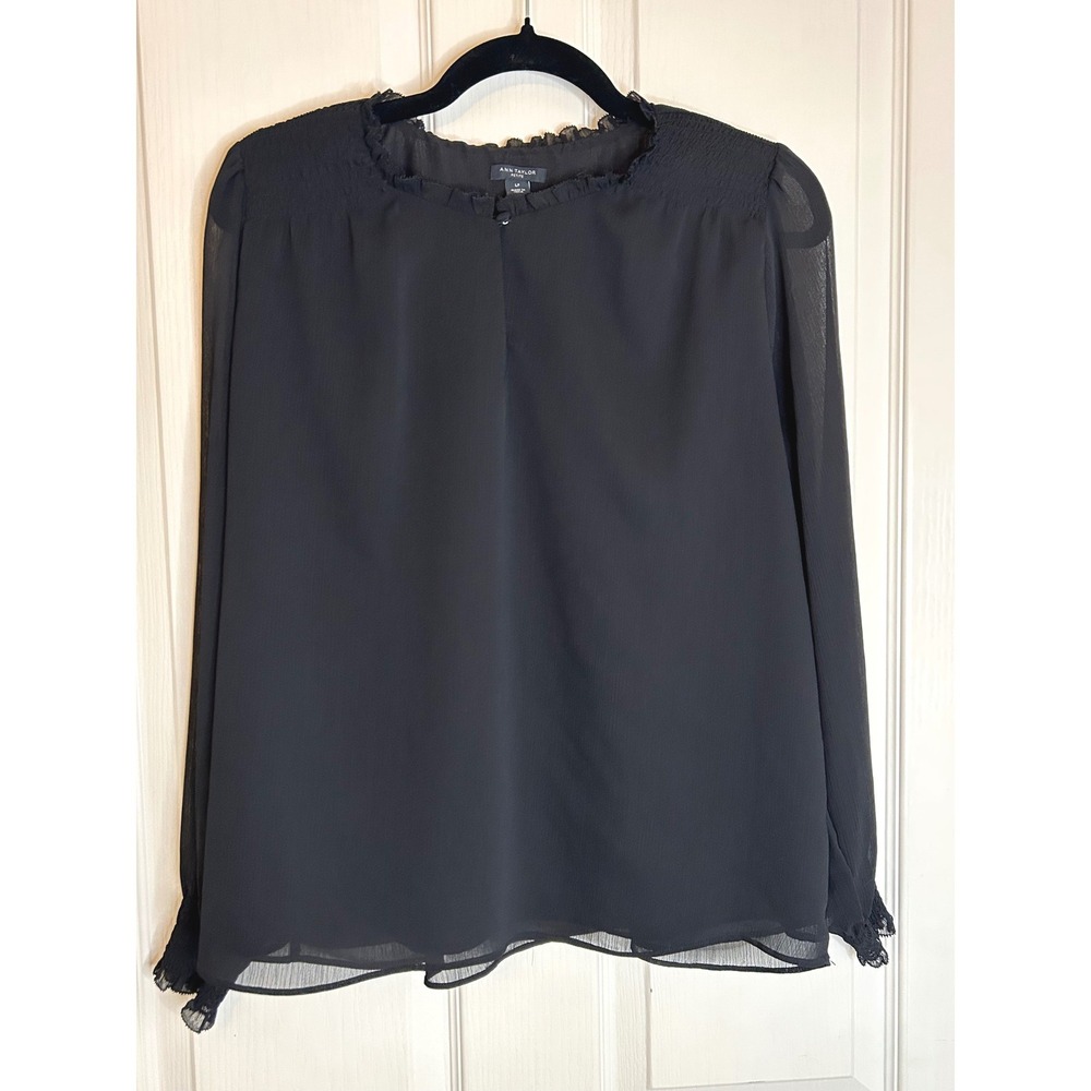 Ann‎ Taylor Petite Large Black Chiffon Ruffle Smocked LS Blouse Quiet Luxury